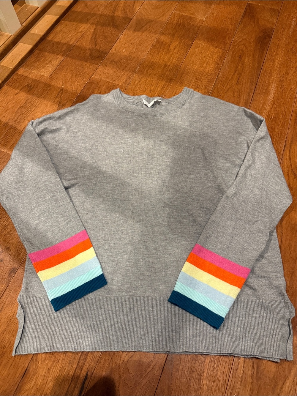 THML Gray Crewneck Sweater with Rainbow Stripe Cuffs